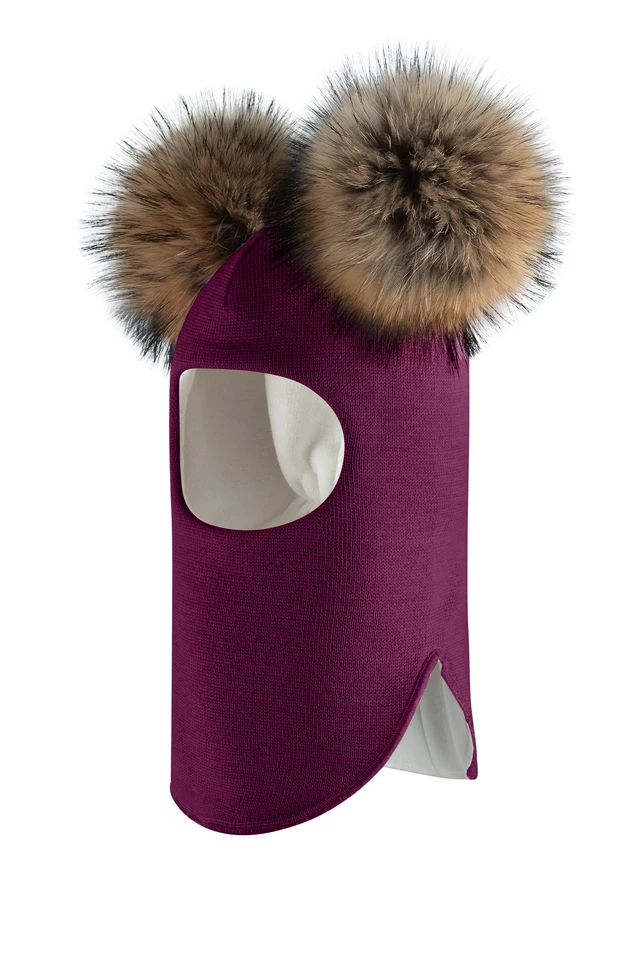 Зимняя шапочка-шлем Corona.hm "Карамелька" бордо с 2 натуральными помпонами енот