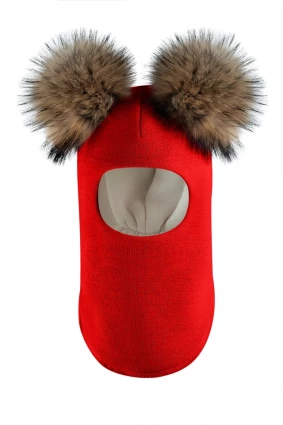 Зимова шапочка-шолом Corona.hm "Карамелька"  червоний з 2 натуральними помпонами єнот