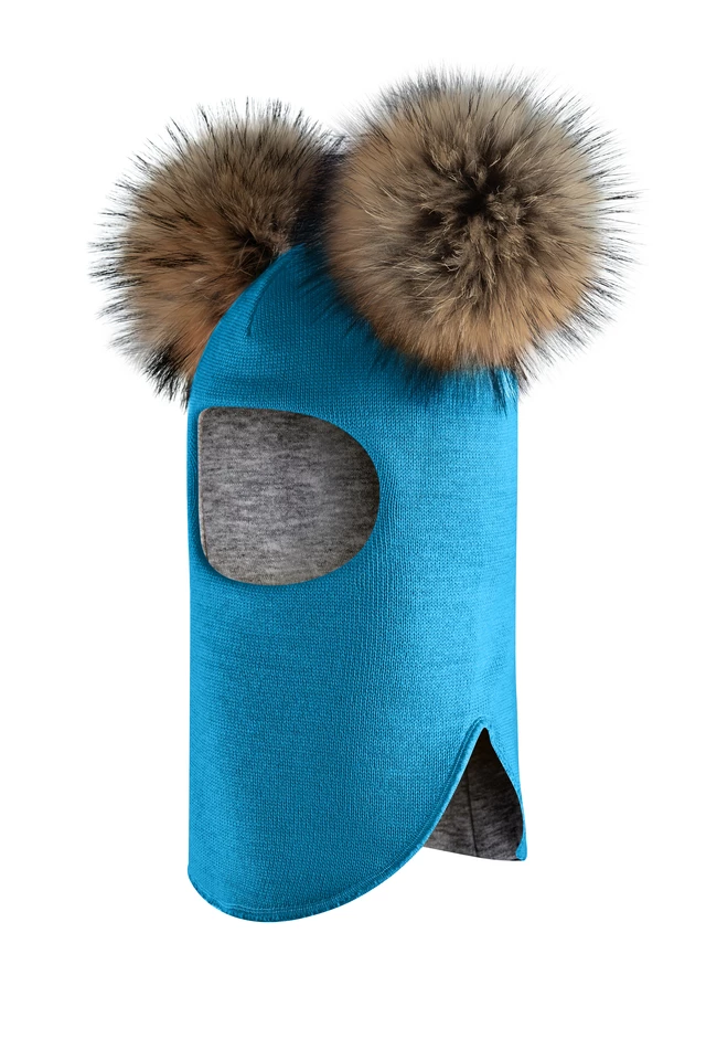 Зимова шапочка-шолом Corona.hm "Карамелька" бірюза з 2 натуральними помпонами єнот