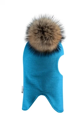 Зимова шапочка-шолом Corona.hm "Карамелька" бірюза з 2 натуральними помпонами єнот