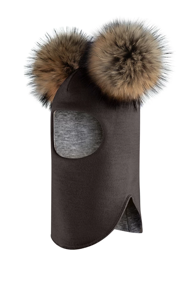 Зимова шапочка-шолом Corona.hm "Карамелька" графіт з 2 натуральними помпонами єнот