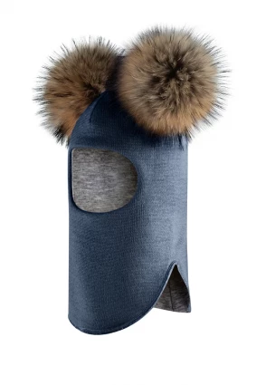 Зимова шапочка-шолом Corona.hm "Карамелька" джинс з 2 натуральними помпонами єнот