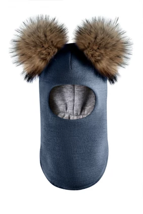 Зимова шапочка-шолом Corona.hm "Карамелька" джинс з 2 натуральними помпонами єнот