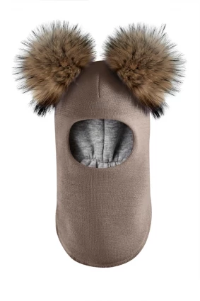 Зимова шапочка-шолом Corona.hm "Карамелька" капучіно з 2 натуральними помпонами єнот