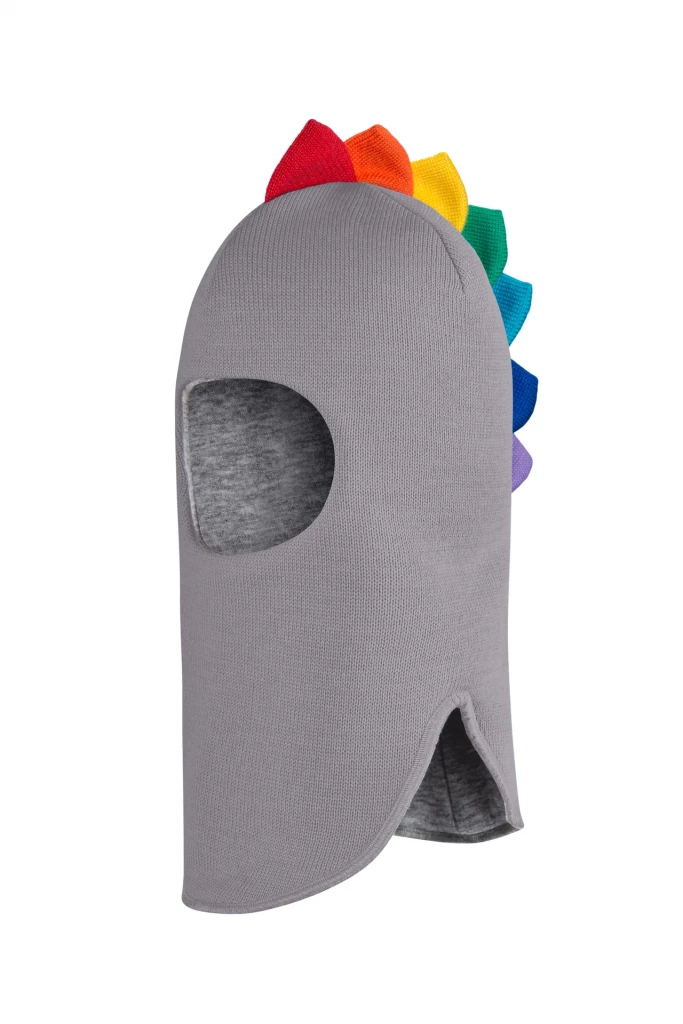 Зимняя шапочка шлем Corona.hm " Дино с  гребешком радуга" дымка