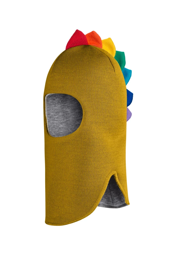 Зимняя шапочка шлем Corona.hm " Дино с гребешком радуга" медовый