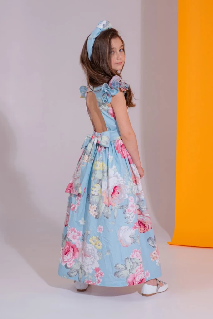 Платье для девочки Corona.hm “Роскошь”, пион на голубом