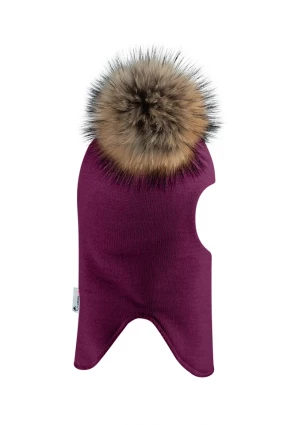 Зимова шапочка-шолом Corona.hm "Карамелька" бордо з 2 натуральними помпонами єнот