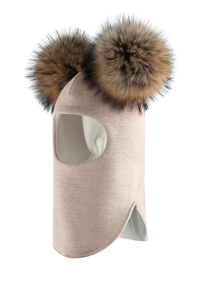 Зимова шапочка-шолом Corona.hm "Карамелька" лате з 2 натуральними помпонами єнот