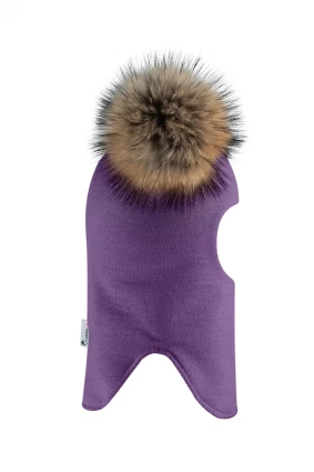 Зимова шапочка-шолом Corona.hm "Карамелька" фіалка з 2 натуральними помпонами єнот