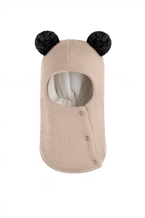 Зимова шапочка-шолом Corona.hm "Пандочка з чорними помпонами" на кнопочках беж золотий