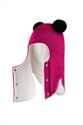 Зимова шапочка-шолом Corona.hm "Пандочка з чорними помпонами" на кнопочках малина