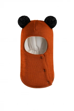 Зимова шапочка-шолом Corona.hm "Пандочка з чорними помпонами" на кнопочках помаранчевий