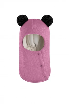 Зимова шапочка-шолом Corona.hm "Пандочка з чорними помпонами" на кнопочках пильно-рожевий
