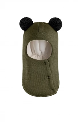Зимова шапочка-шолом Corona.hm "Пандочка з чорними помпонами" на кнопочках хакі