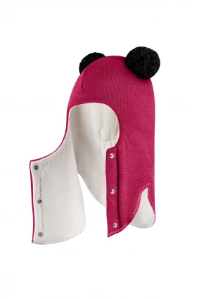 Зимова шапочка-шолом Corona.hm "Пандочка з чорними помпонами" на кнопочках ягідний