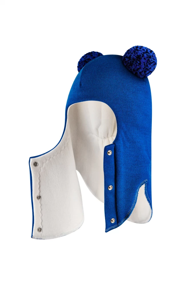 Зимова шапочка-шолом Corona.hm "Пандочка з помпонами МЕЛАНЖ" на кнопочках електрик