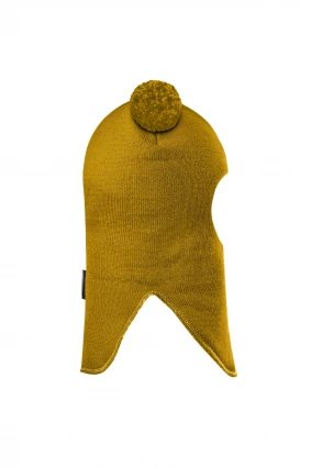 Зимова шапочка-шолом Corona.hm "Пандочка з помпонами МЕЛАНЖ" на кнопочках медовий