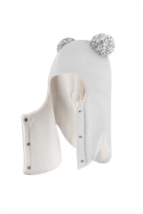 Зимова шапочка-шолом Corona.hm "Пандочка з помпонами МЕЛАНЖ" на кнопочках молоко