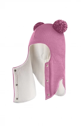 Зимова шапочка-шолом Corona.hm "Пандочка з помпонами МЕЛАНЖ" на кнопочках пильно-рожевий