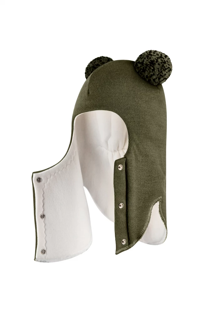 Зимова шапочка-шолом Corona.hm "Пандочка з помпонами МЕЛАНЖ" на кнопочках хакі