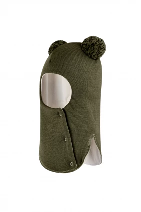 Зимова шапочка-шолом Corona.hm "Пандочка з помпонами МЕЛАНЖ" на кнопочках хакі