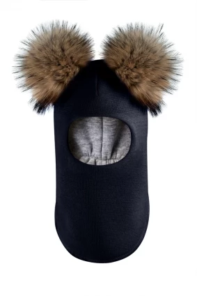 Зимова шапочка-шолом Corona.hm "Карамелька"  синій оксамит з 2 натуральними помпонами єнот