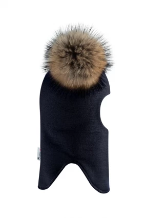 Зимова шапочка-шолом Corona.hm "Карамелька"  синій оксамит з 2 натуральними помпонами єнот