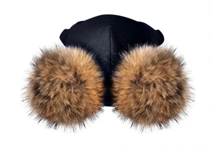 Зимова шапочка-шолом Corona.hm "Карамелька"  синій оксамит з 2 натуральними помпонами єнот