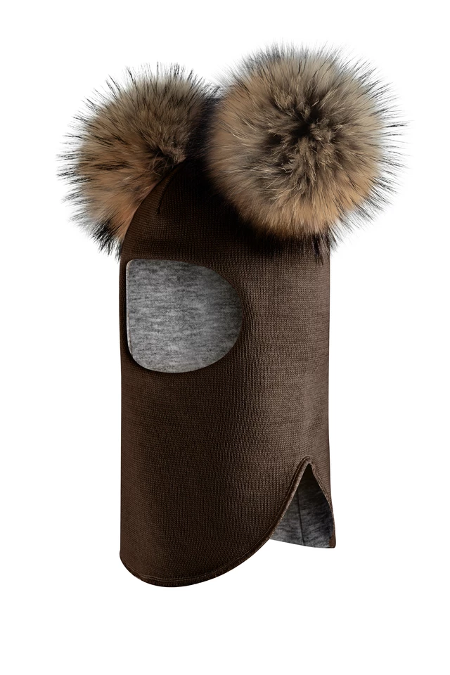 Зимова шапочка-шолом Corona.hm "Карамелька"  шоколад з 2 натуральними помпонами єнот