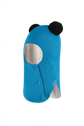 Зимова шапочка-шолом Corona.hm "Пандочка з чорними помпонами" на кнопочках бірюза