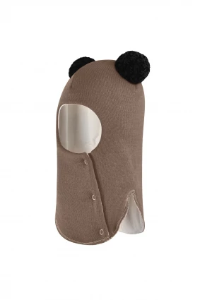 Зимова шапочка-шолом Corona.hm "Пандочка з чорними помпонами" на кнопочках молочний шоколад