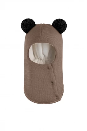 Зимова шапочка-шолом Corona.hm "Пандочка з чорними помпонами" на кнопочках молочний шоколад