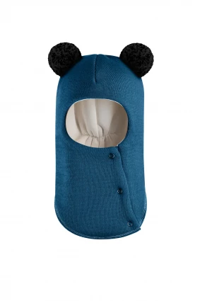 Зимова шапочка-шолом Corona.hm "Пандочка з чорними помпонами" на кнопочках морська хвиля