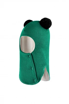 Зимова шапочка-шолом Corona.hm "Пандочка з чорними помпонами" на кнопочках смарагд