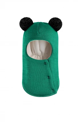 Зимова шапочка-шолом Corona.hm "Пандочка з чорними помпонами" на кнопочках смарагд
