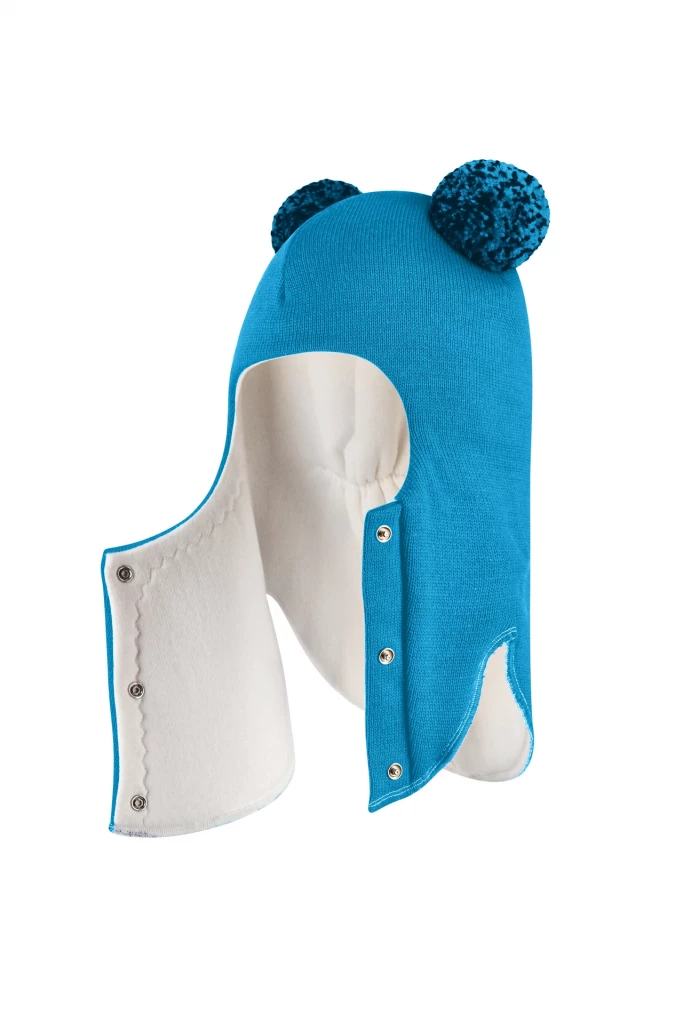 Зимова шапочка-шолом Corona.hm "Пандочка з помпонами МЕЛАНЖ" на кнопочках бірюза