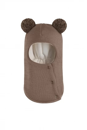 Зимова шапочка-шолом Corona.hm "Пандочка з помпонами МЕЛАНЖ" на кнопочках молочний шоколад