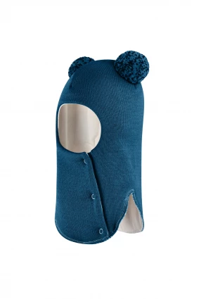 Зимова шапочка-шолом Corona.hm "Пандочка з помпонами МЕЛАНЖ" на кнопочках морська хвиля