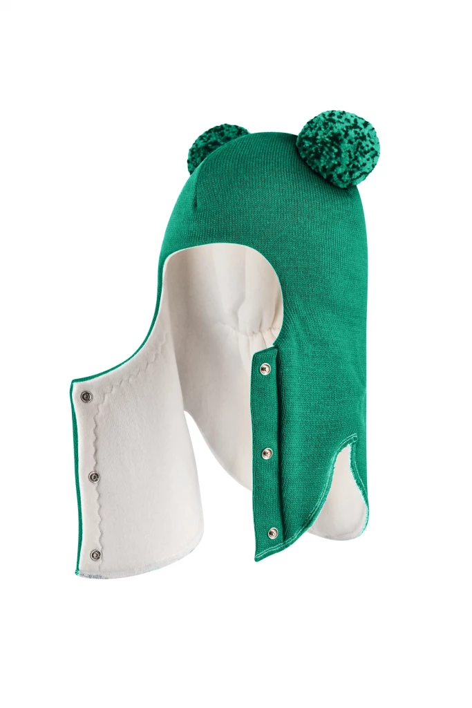 Зимова шапочка-шолом Corona.hm "Пандочка з помпонами МЕЛАНЖ" на кнопочках смарагд