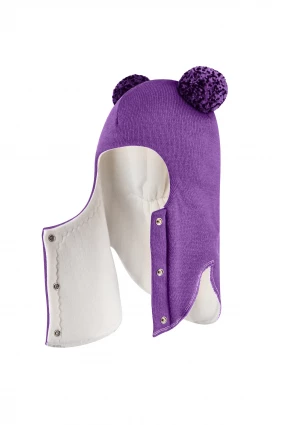 Зимова шапочка-шолом Corona.hm "Пандочка з помпонами МЕЛАНЖ" на кнопочках фіалка