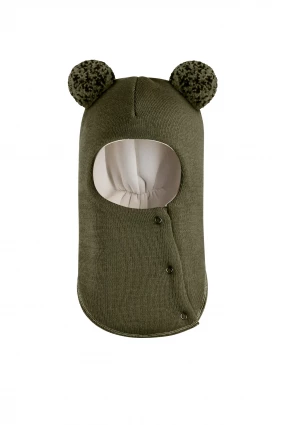 Зимова шапочка-шолом Corona.hm "Пандочка з помпонами МЕЛАНЖ" на кнопочках хакі